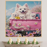 Mother American Eskimo Dog and Puppies in Easter Outfits, Sweet Spring Art for Dog Lovers, Holiday Gift for Eskimo Dog Owners, Dog Wall Art on Canvas Wrap, Framed Print, or Rolled Artwork for Living Room or Bedroom